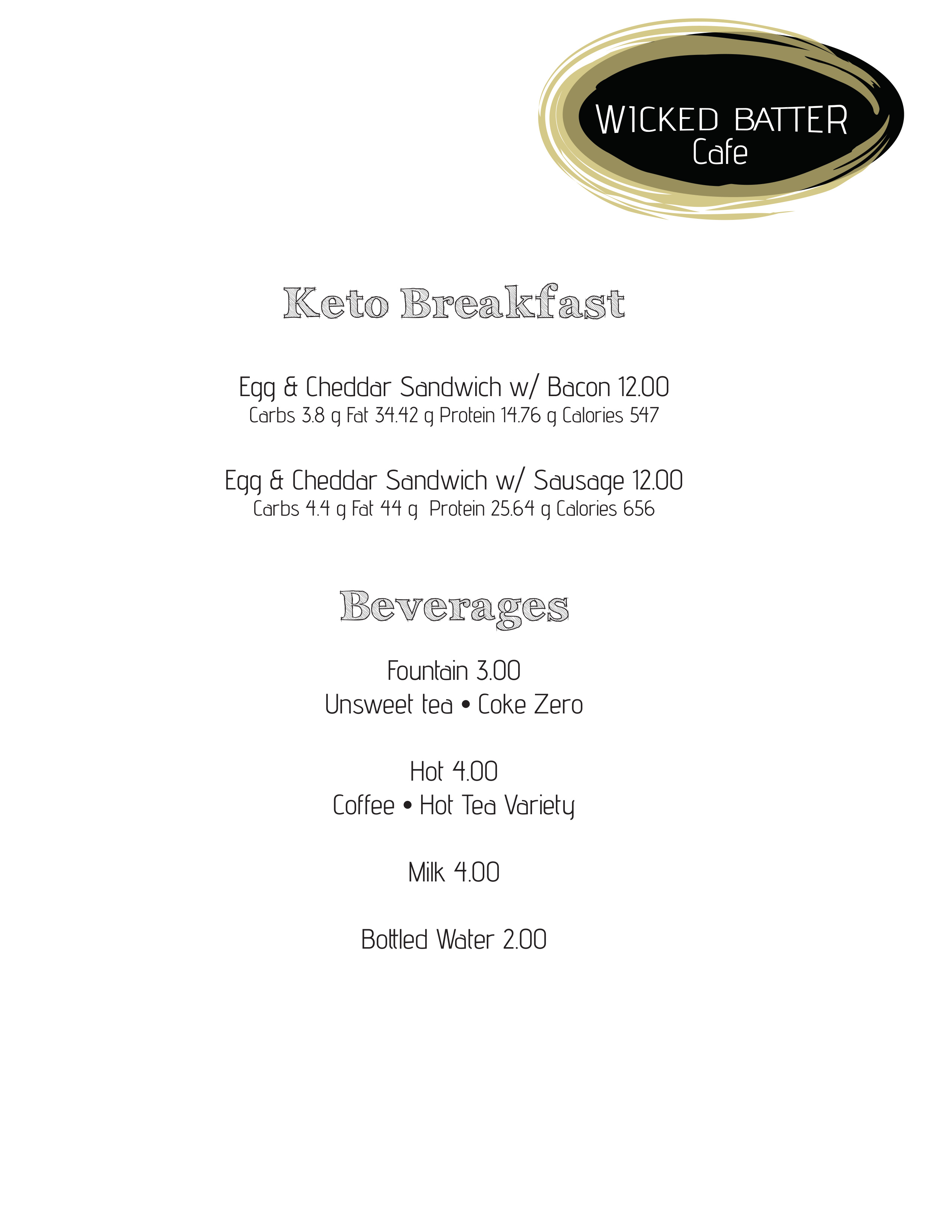 Keto Breakfast Menu showing low-carb breakfast options and pricing.