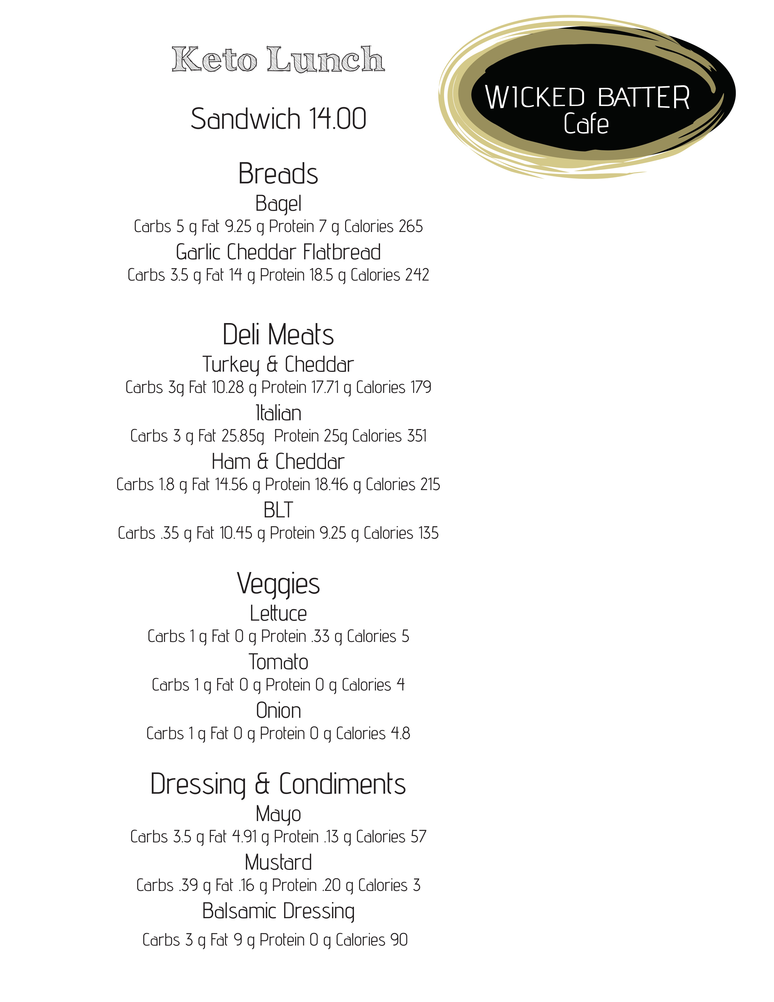 Keto Lunch Menu listing low-carb lunch plates and sides.